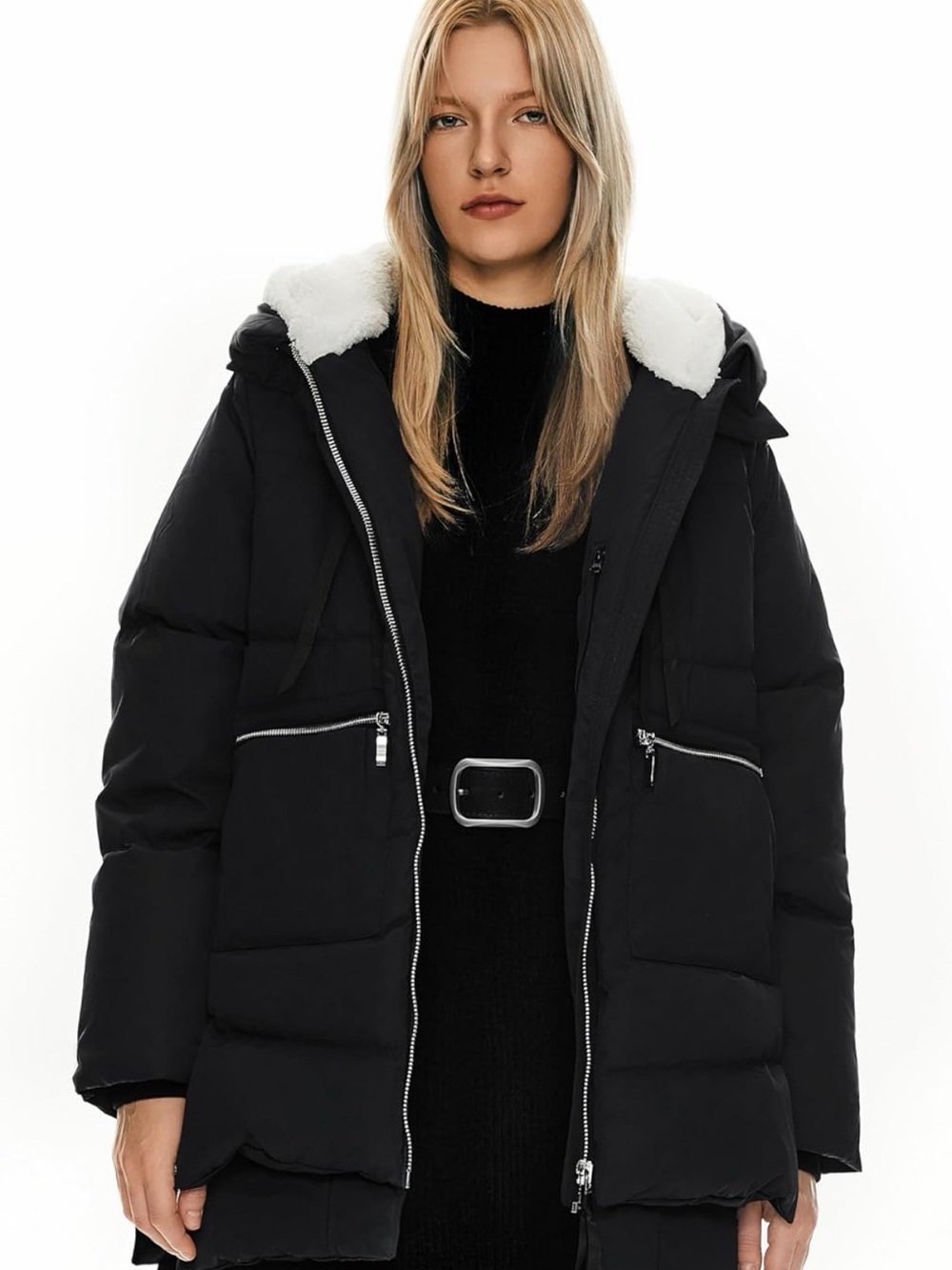 Women’s Black Puffer Coat with White Faux-Sherpa Hood size small